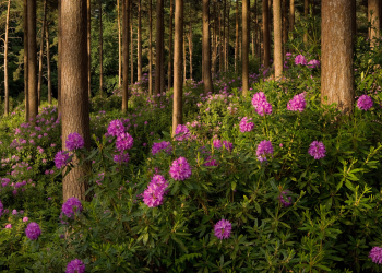 Well-spaced Rhododendrons that hold moisture in their leaves and roots